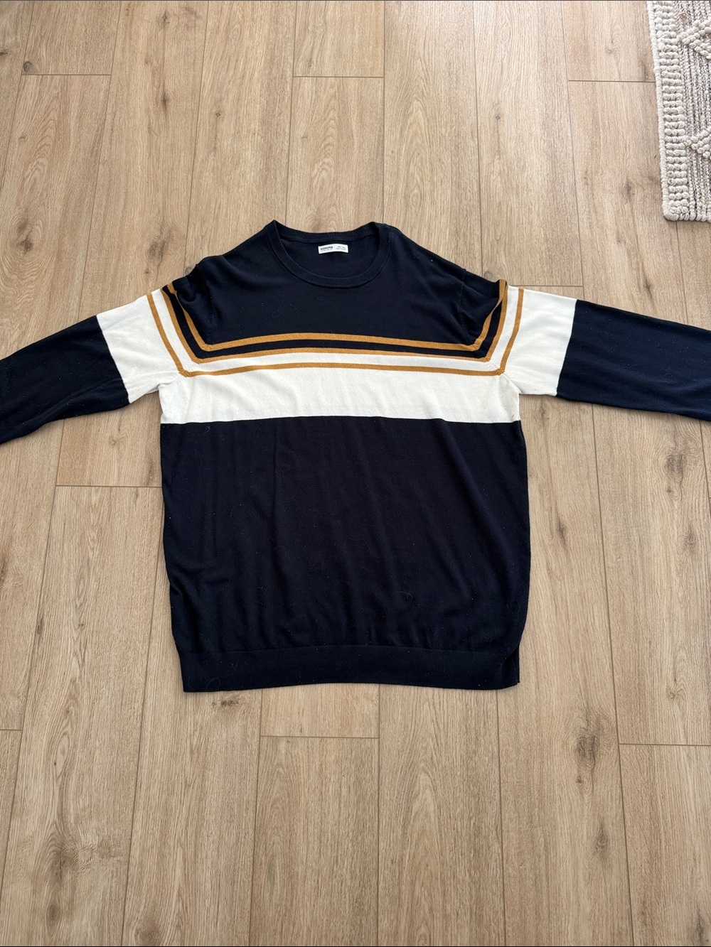 Sonoma Black Crewneck Sweater with White and Gold Stripes